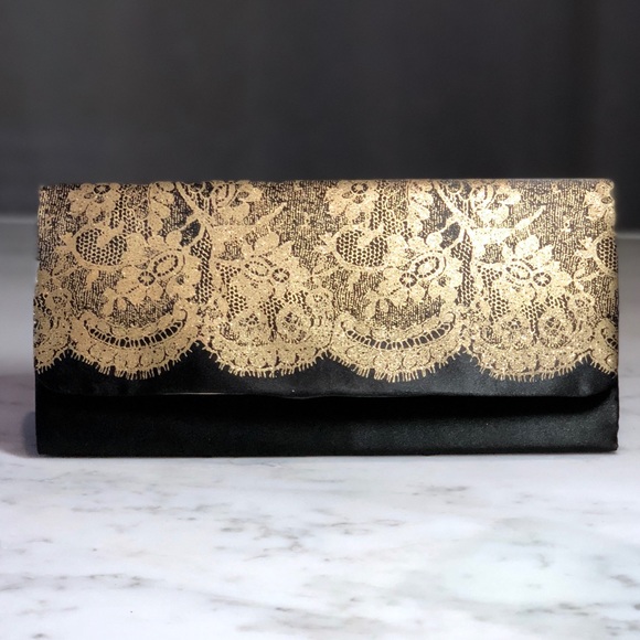Black Satin + Gold Iridescent Lace Formal Clutch - Picture 4 of 8
